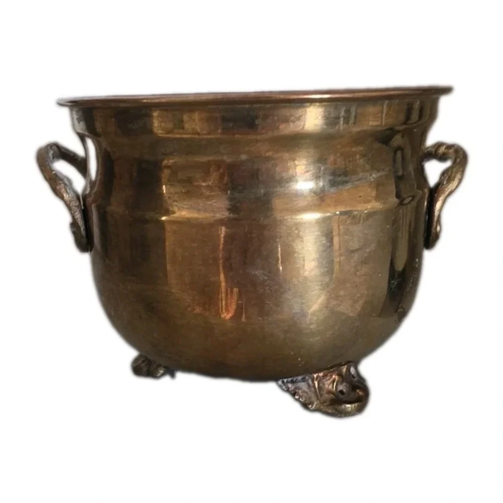 VTG Brass Footed Planter Ornate cachepot Cauldron Pot Handle Patina Cottagecore